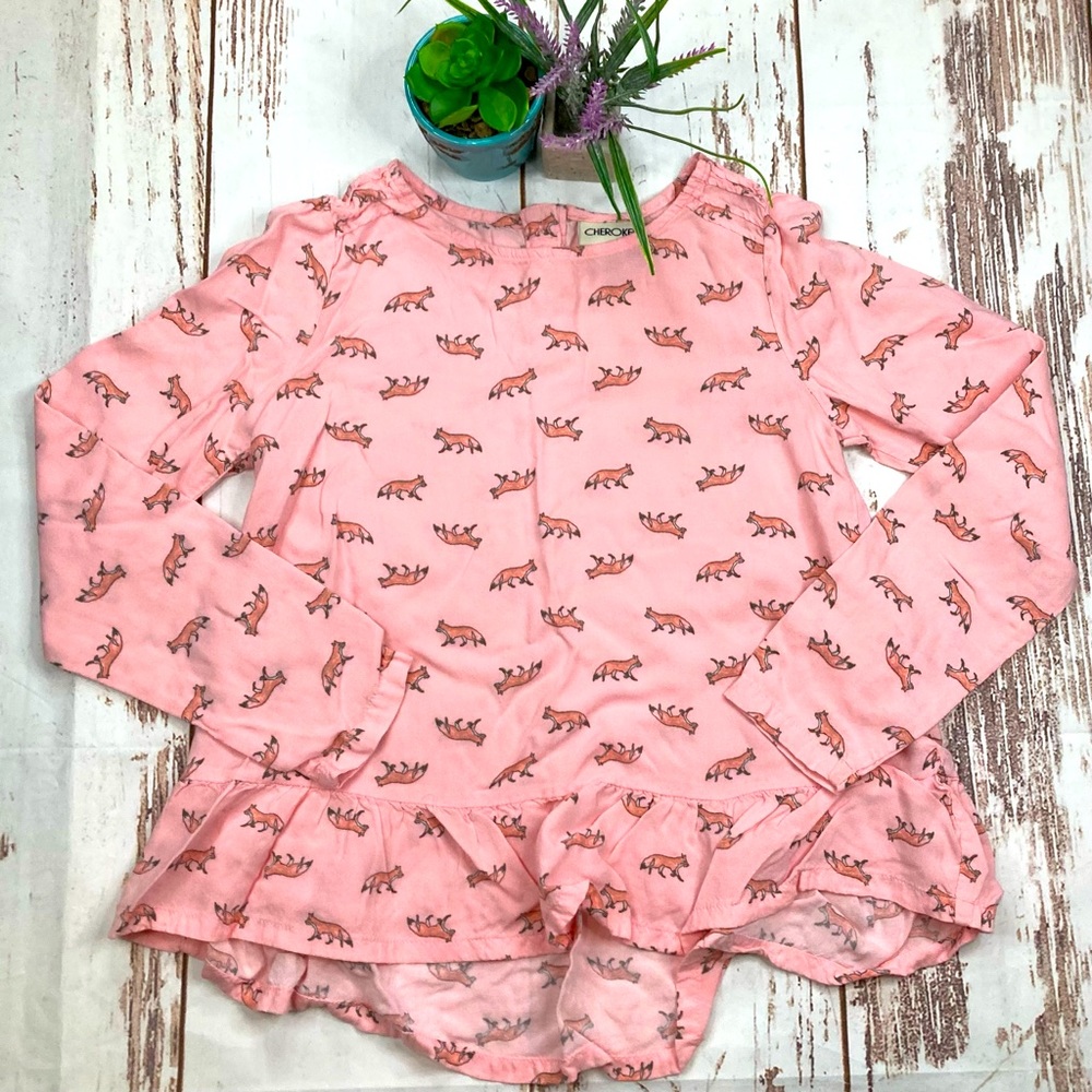 Cherokee Peplum Shirt Long Sleeve Baby Pink Fox Pattern Flowy Sz Large(10-12)